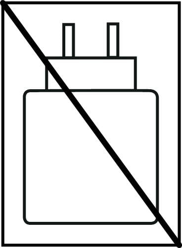 Symbol eines Ladegeräts mit diagonaler Linie, die Gebrauch oder Mitführen verbietet. Schwarzer Hintergrund.