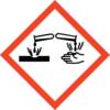 'GHS-Piktogramm für ätzende Stoffe' zeigt eine chemische Substanz, die sowohl eine Hand als auch eine Metalloberfläche angreift.