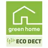 Grünes Logo mit einem einfachen Hausumriss. Text: 'green home' und darunter 'ECO DECT' mit Funksymbol. Thema: Umweltfreundliches Wohnen.