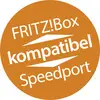 'Oranger Kreis mit Text: FRITZ!Box kompatibel Speedport.'