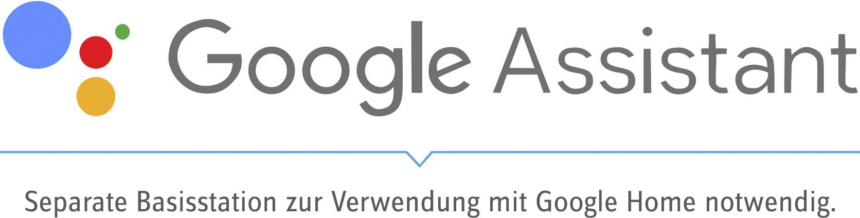Logo von Google Assistant mit dem Text 'Separate Basisstation zur Verwendung mit Google Home notwendig'.