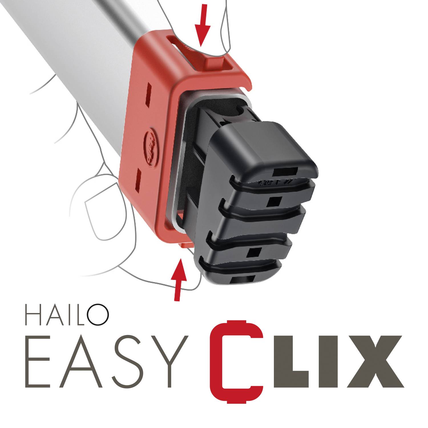 Darstellung eines Produkts namens 'Hailo Easy Clix' mit Fokus auf ein austauschbares Fußteil, hervorgehoben durch rote Pfeile.