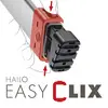 Darstellung eines Produkts namens 'Hailo Easy Clix' mit Fokus auf ein austauschbares Fußteil, hervorgehoben durch rote Pfeile.