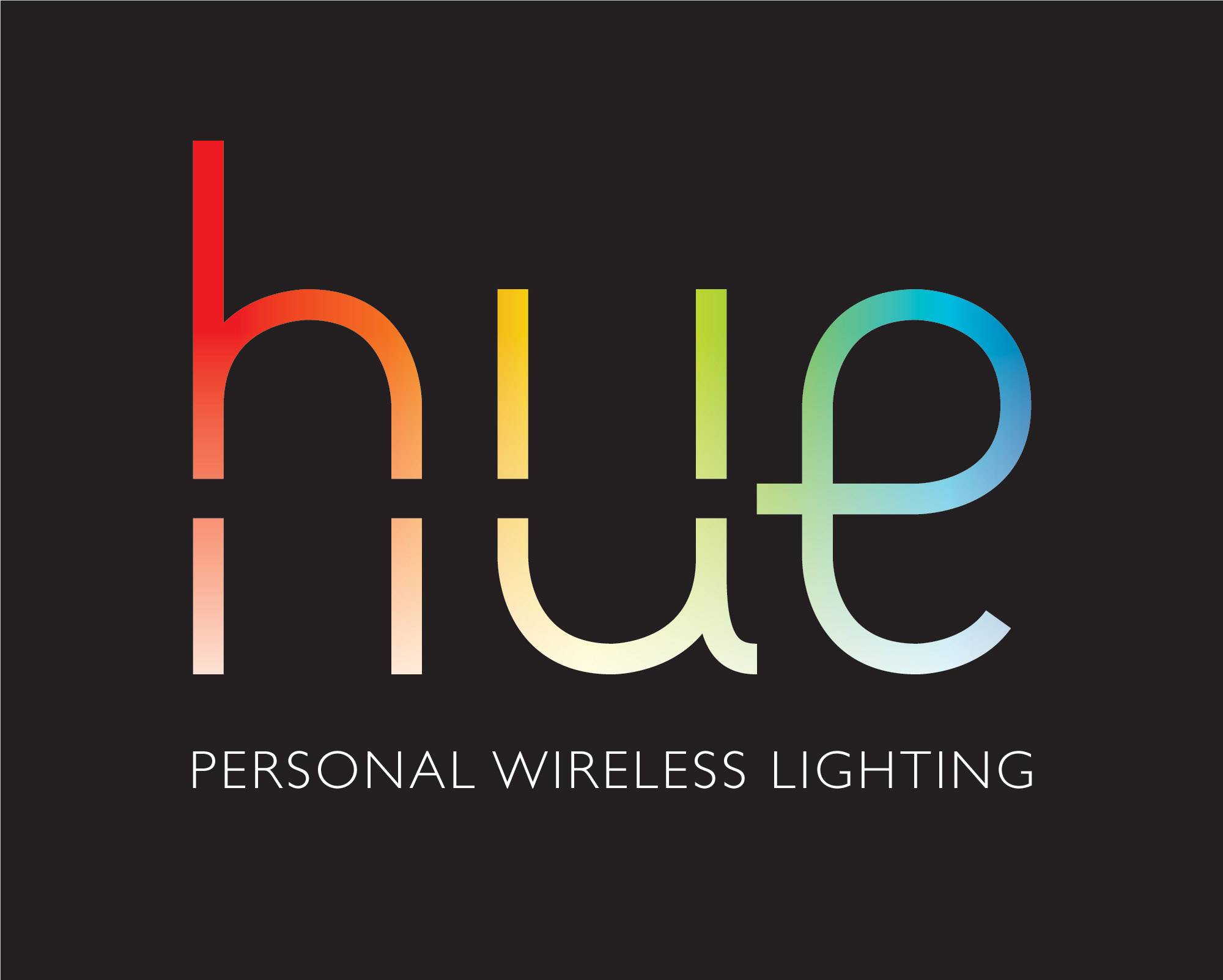 Das Bild zeigt den Schriftzug 'Hue' in bunten Farben auf schwarzem Hintergrund mit dem Text 'Personal Wireless Lighting'.