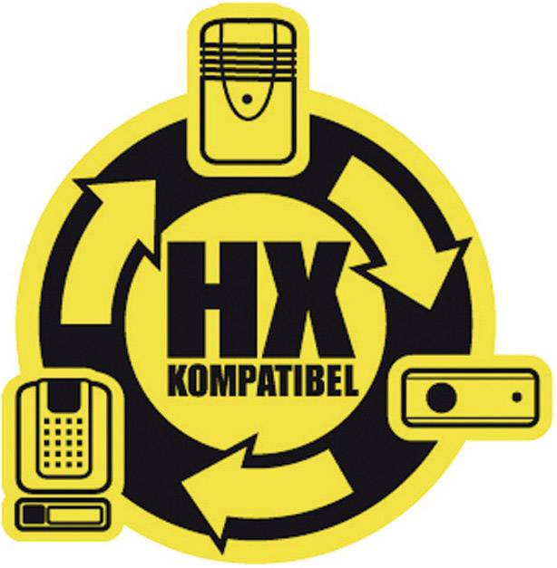 Gelbes Symbol mit drei Pfeilen und Text 'HX Kompatibel'. Zeigt verschiedene elektronische Geräte, die miteinander kompatibel sind.