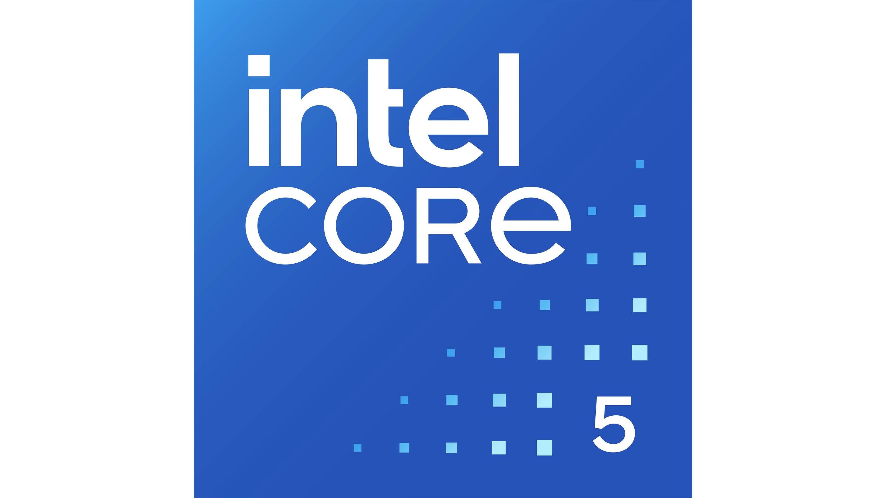 Blaues Logo mit weißem Text 'intel CORE 5'. Quadratförmiges Design mit kleinen Quadraten in verschiedenen Blautönen rechts unten.