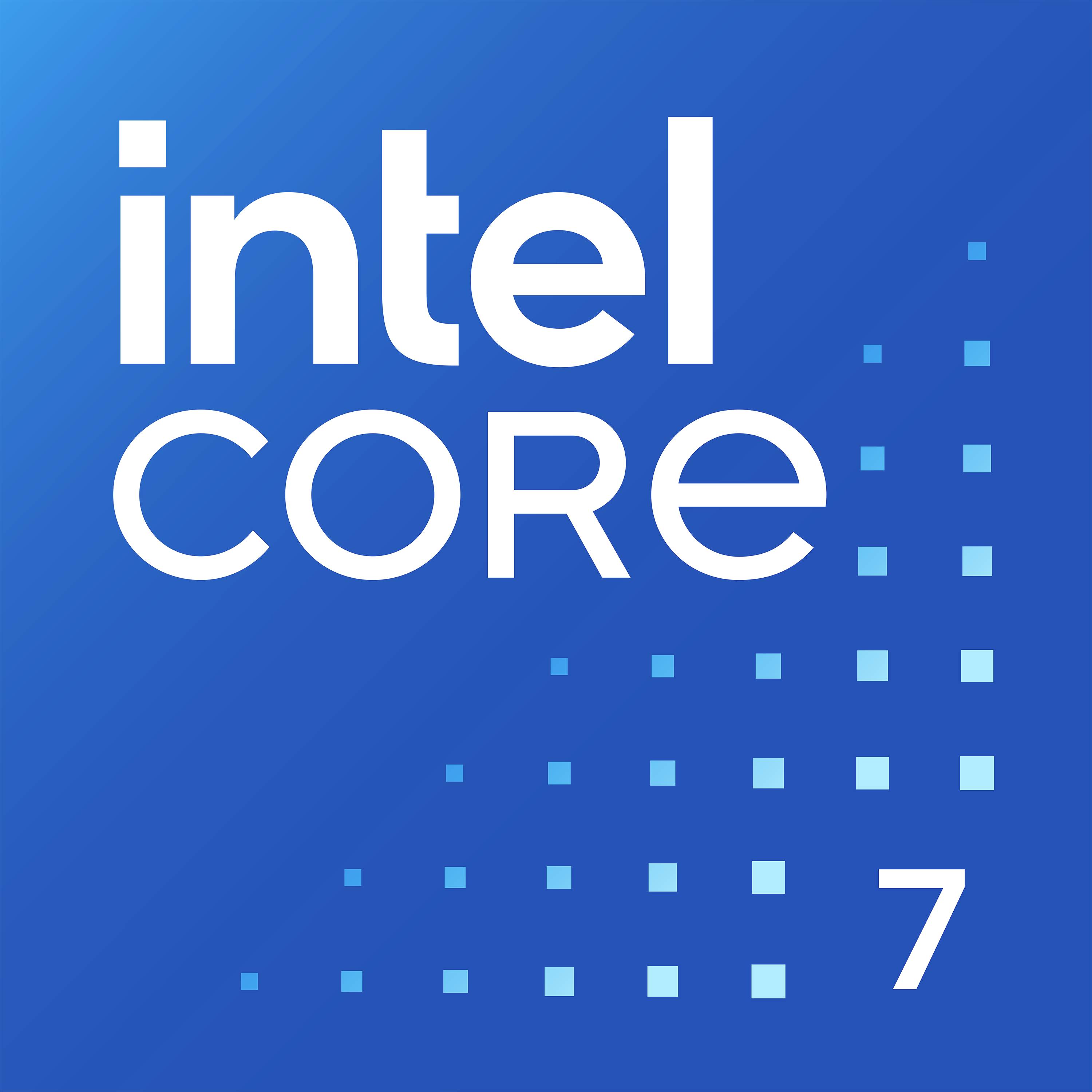 'Intel Core 7' Logo auf blauem Hintergrund mit kleinen, verblassenden Quadraten rechts.