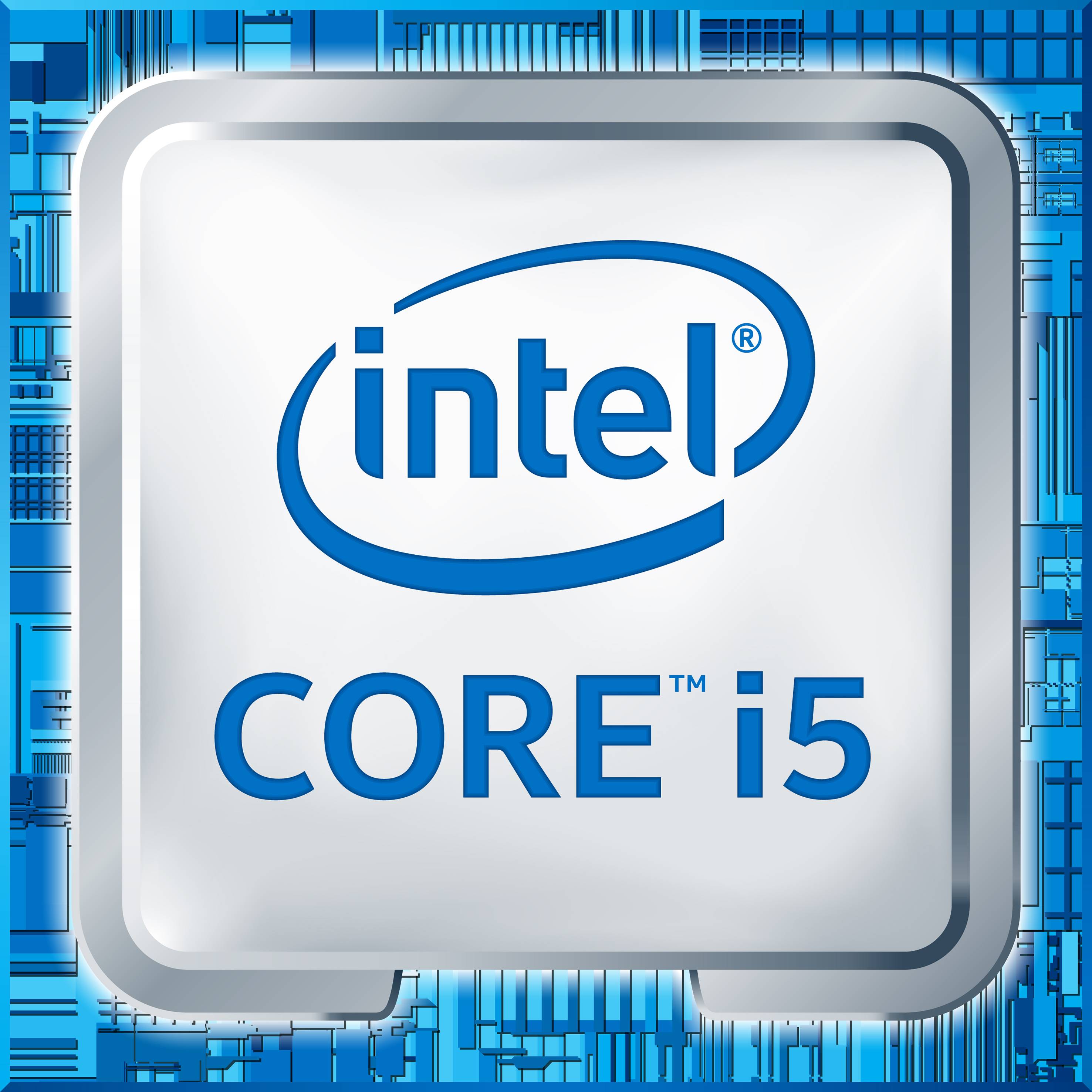 Logo des Intel Core i5 Prozessors. Silbern mit blauem Intel-Schriftzug, auf einem Hintergrund, der Computertechnologie darstellt.