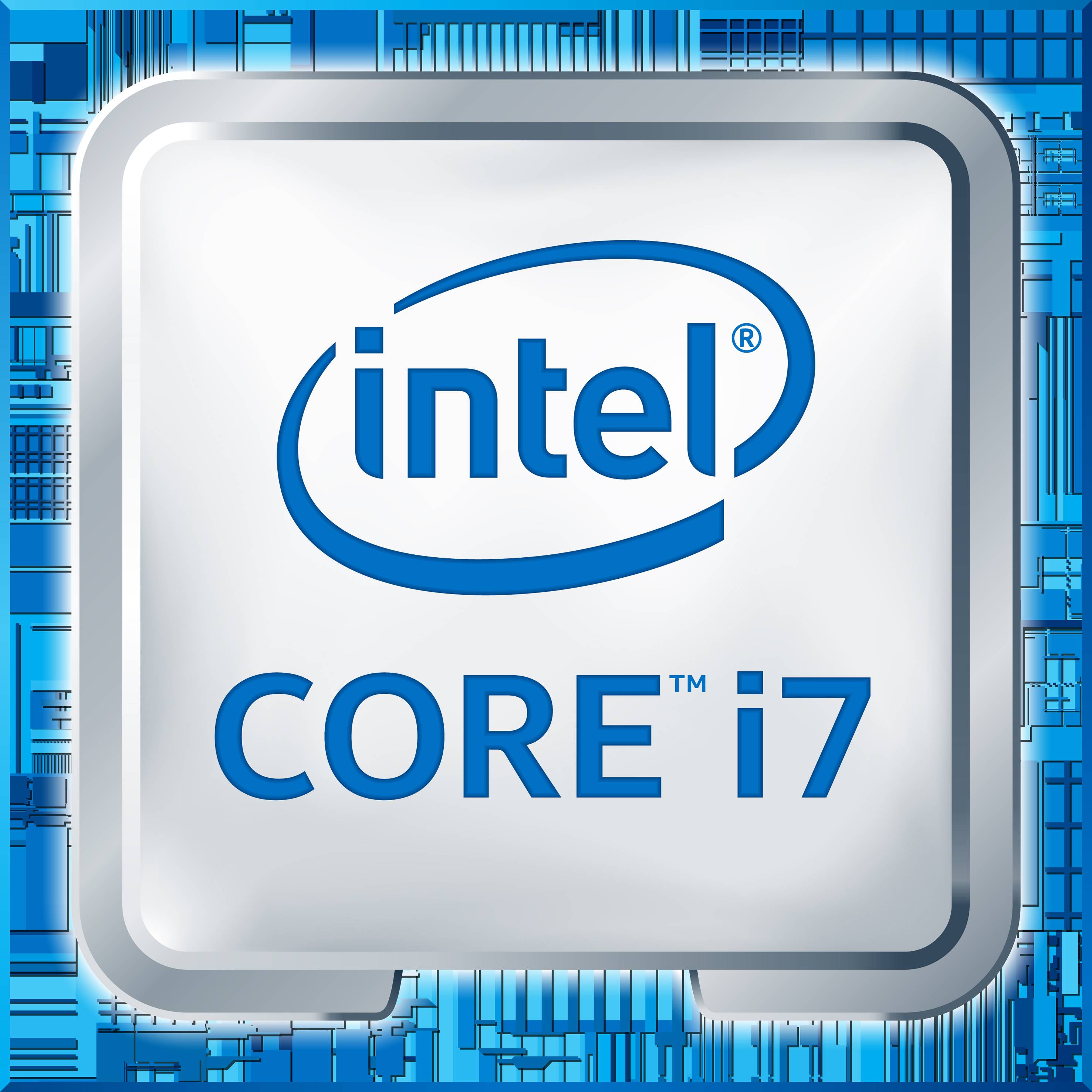 'Intel Core i7'-Logo auf silbernem Hintergrund mit blauem Rand. Im Hintergrund stilisierte Schaltkreise.