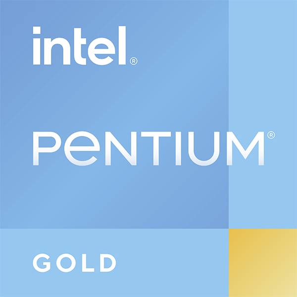 'Intel Pentium Gold' Logo auf blauem Hintergrund, repräsentiert die Intel Prozessoren-Serie.