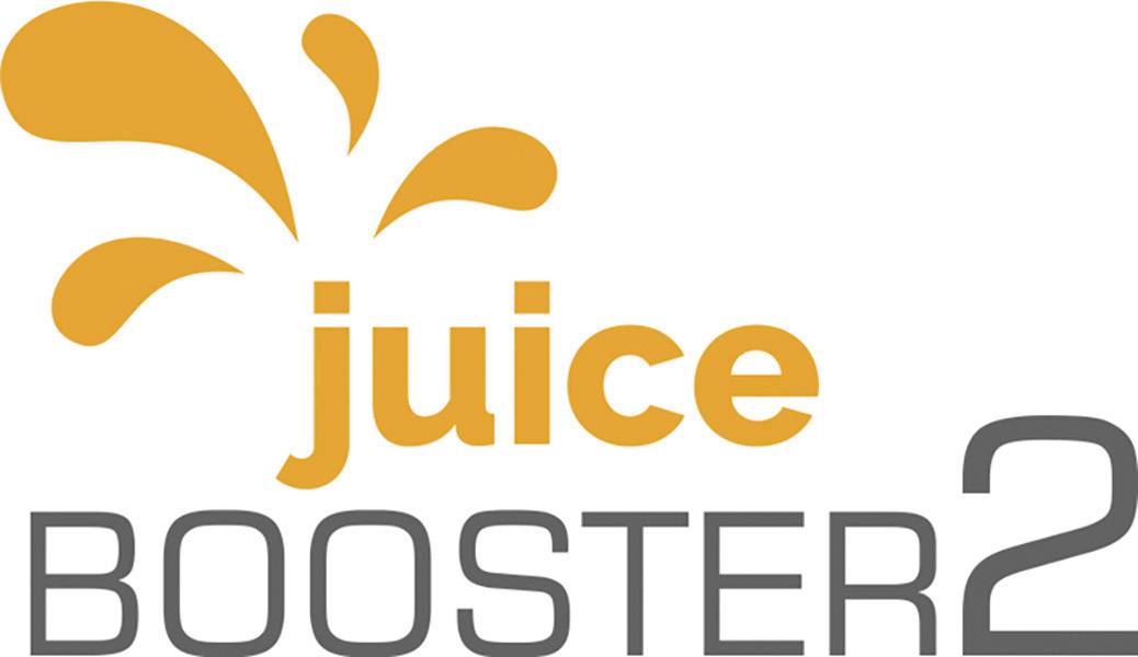 'Juice Booster 2'-Logo in Orange und Grau mit spritzförmigem Design über dem Text.