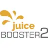 'Juice Booster 2'-Logo in Orange und Grau mit spritzförmigem Design über dem Text.