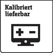 'Kalibriert lieferbar', Symbol eines Monitors mit Plus- und Minus-Zeichen, das Verfügbarkeit von kalibrierten Geräten anzeigt.