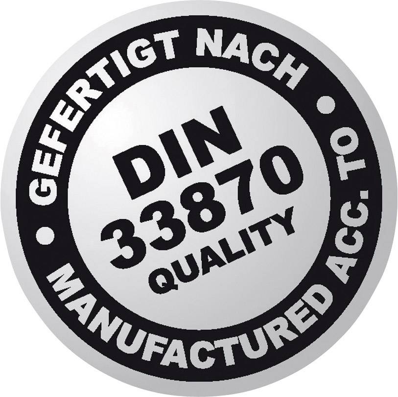 Abzeichen zeigt 'Gefertigt nach DIN 33870 Quality', was die Konformität mit einem bestimmten Qualitätsstandard für Druckerpatronen anzeigt.