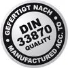 Abzeichen zeigt 'Gefertigt nach DIN 33870 Quality', was die Konformität mit einem bestimmten Qualitätsstandard für Druckerpatronen anzeigt.