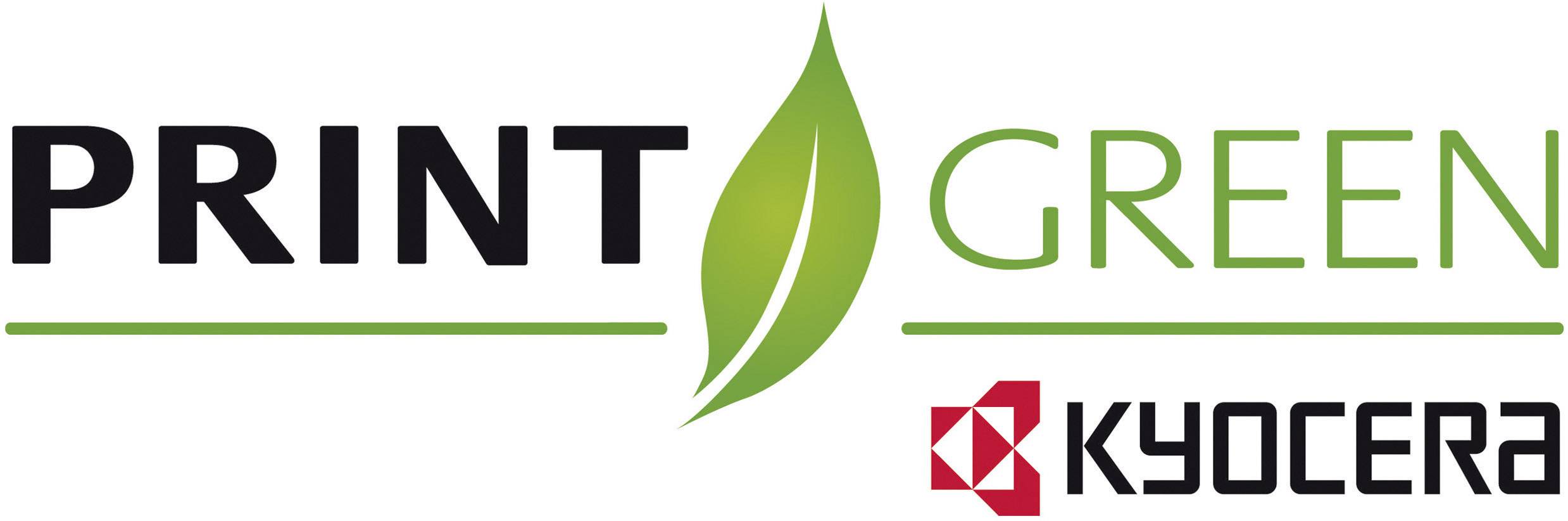 'PRINT GREEN' neben einem grünen Blatt, darunter das 'KYOCERA'-Logo in Rot.