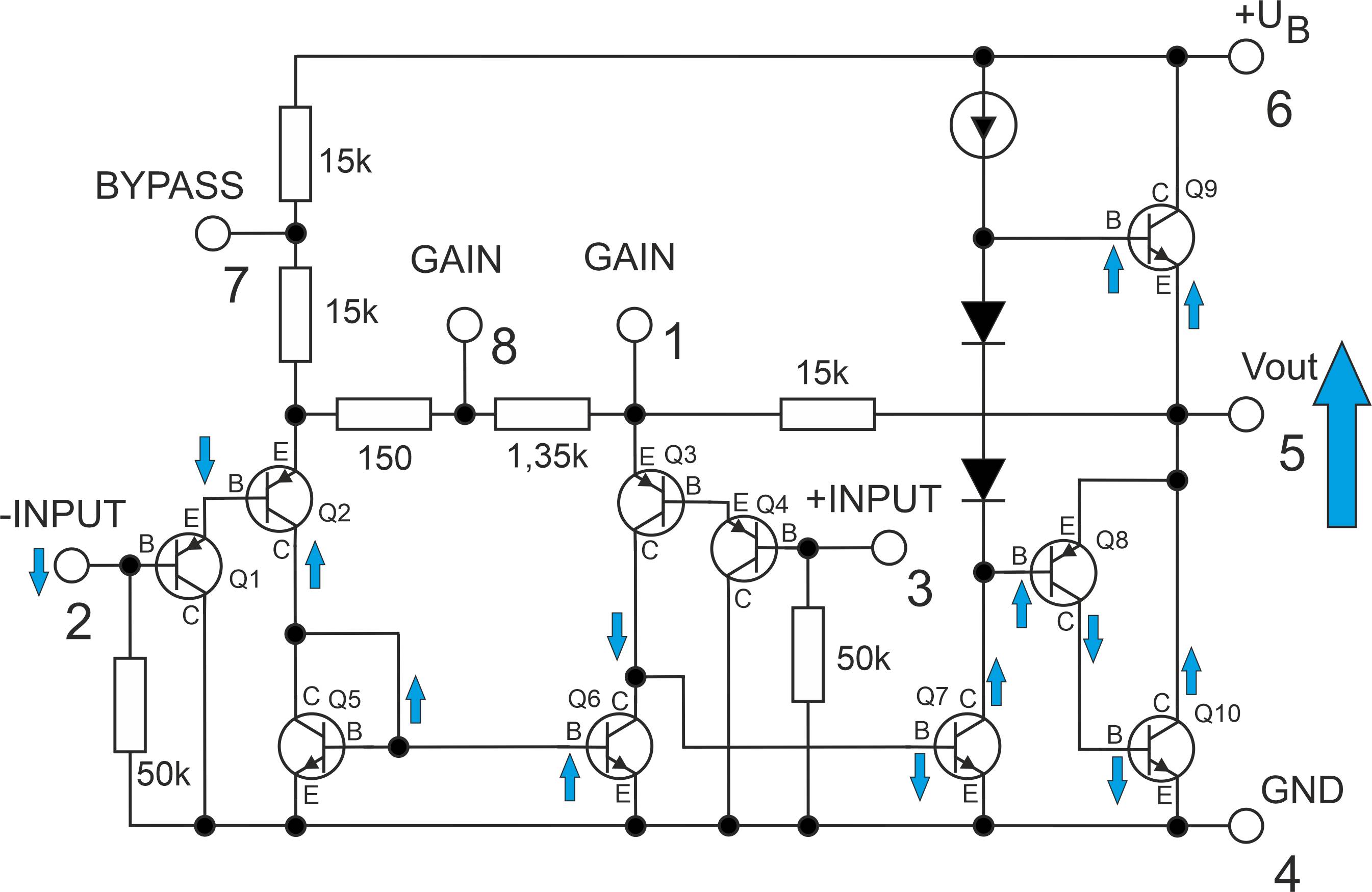 Das Bild zeigt die unterschiedlichen Spannungsverläufe innerhalb des LM386 bei einem negativen Ansteuersignal am invertierten Eingang