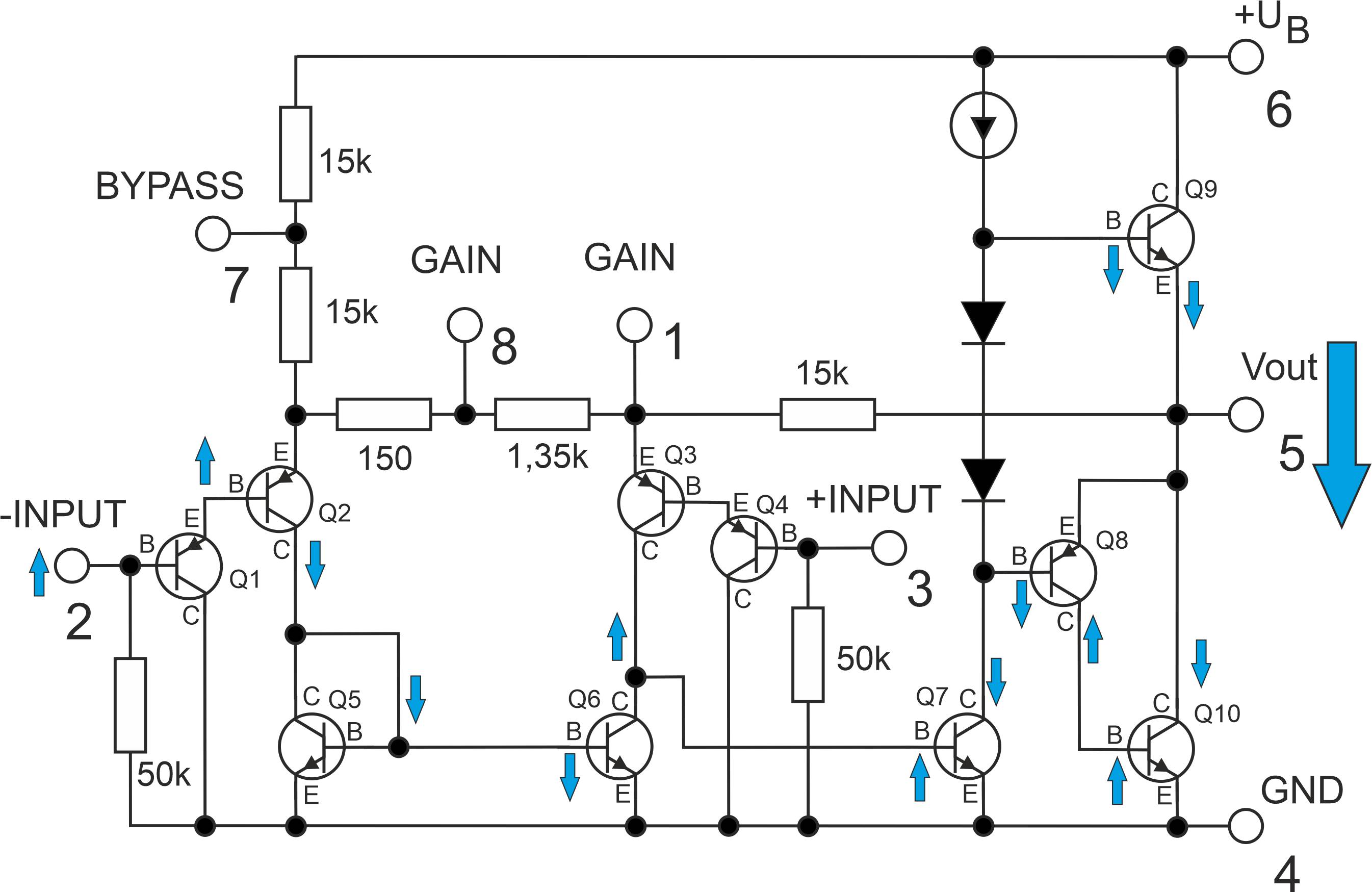 Das Bild zeigt die unterschiedlichen Spannungsverläufe innerhalb des LM386 bei einem positiven Ansteuersignal am invertierten Eingang