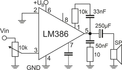 Das Bild zeigt die äußere Beschaltung eines LM386 mit Bass-Verstärkungsfunktion