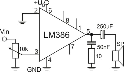 Das Bild zeigt die äußere Beschaltung eines LM386 mit Verstärkungsfaktor 20