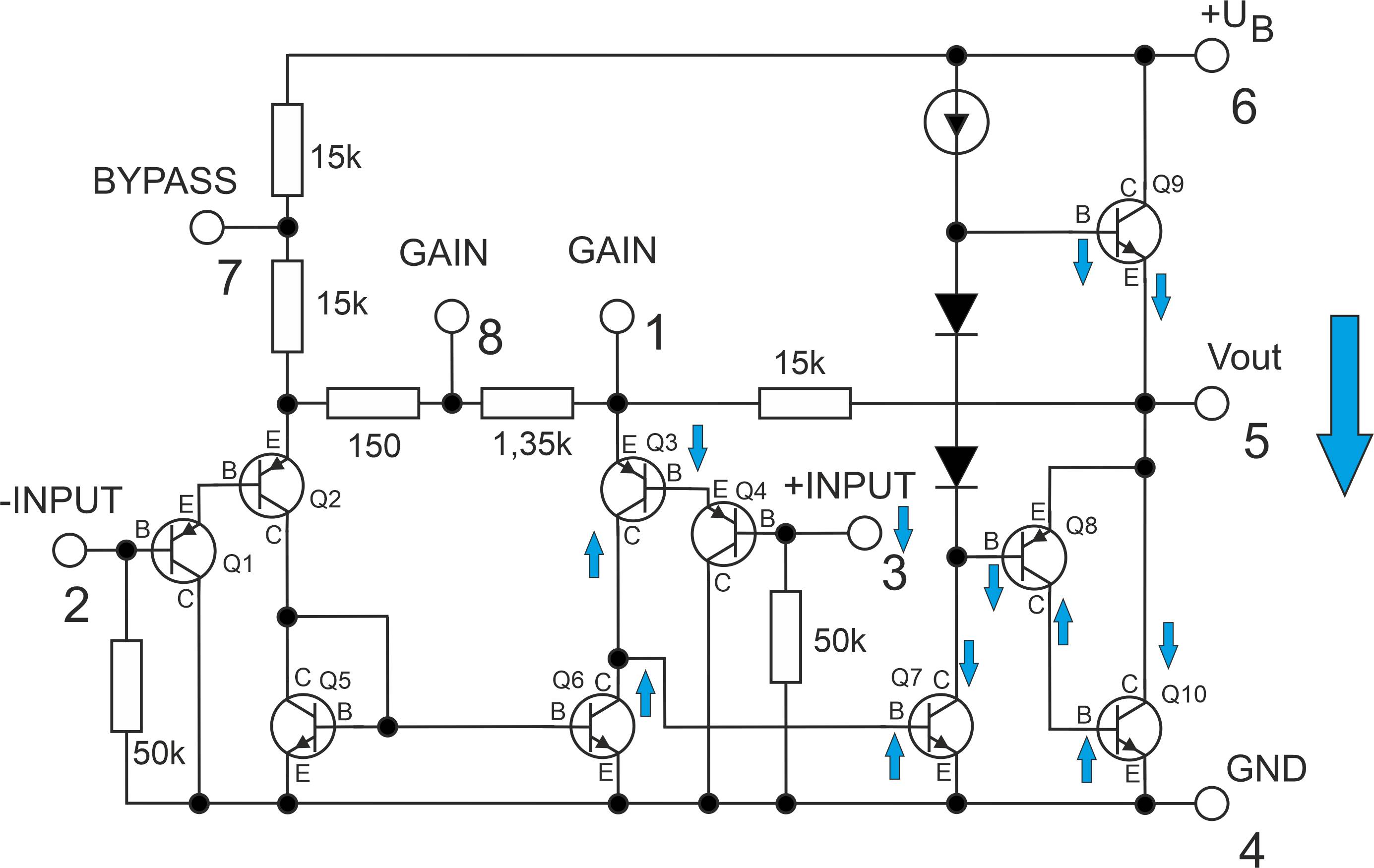 Das Bild zeigt die unterschiedlichen Spannungsverläufe innerhalb des LM386 bei einem negativen Ansteuersignal am nicht invertierten Eingang