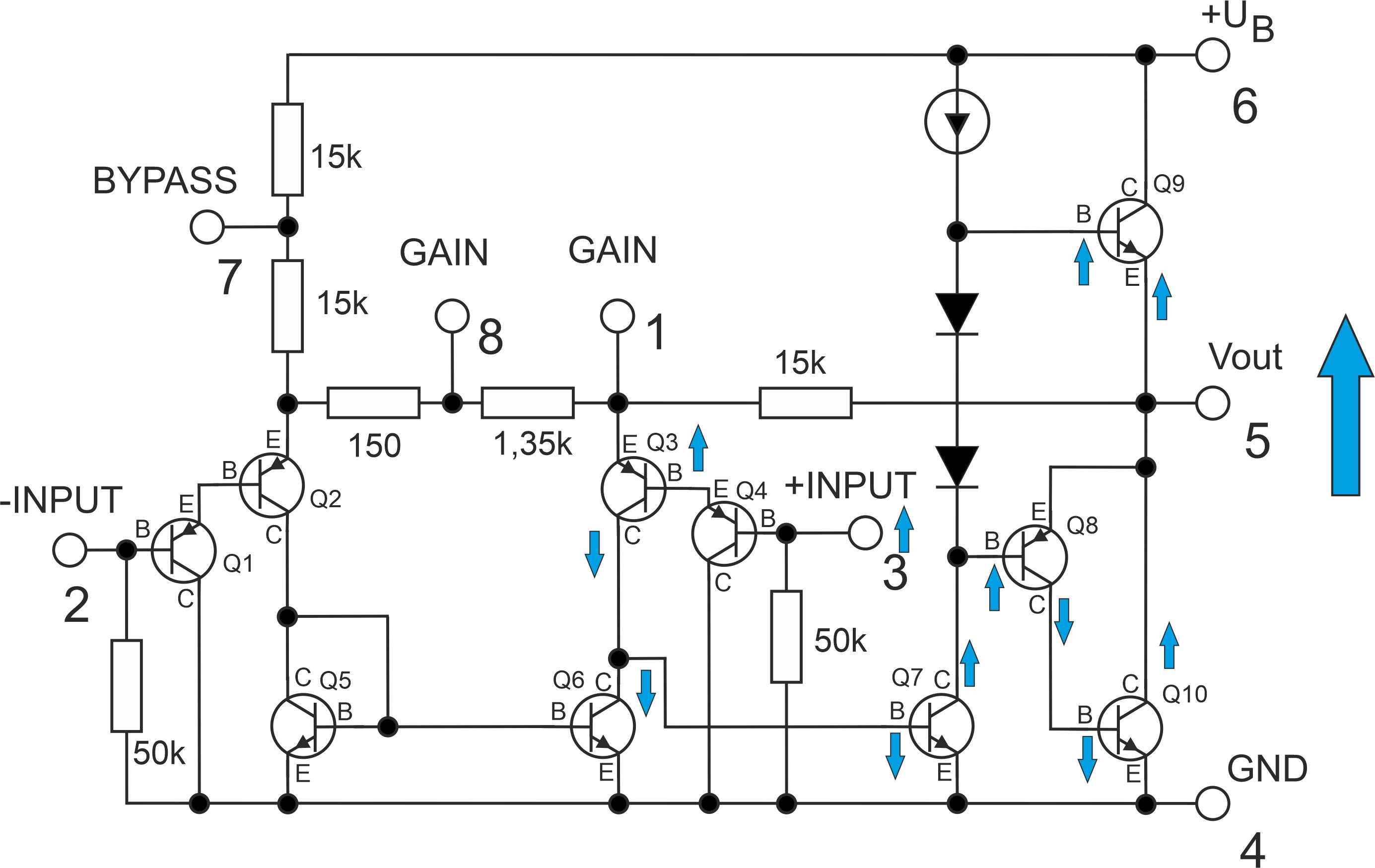 Das Bild zeigt die unterschiedlichen Spannungsverläufe innerhalb des LM386 bei einem positiven Ansteuersignal am nicht invertierten Eingang
