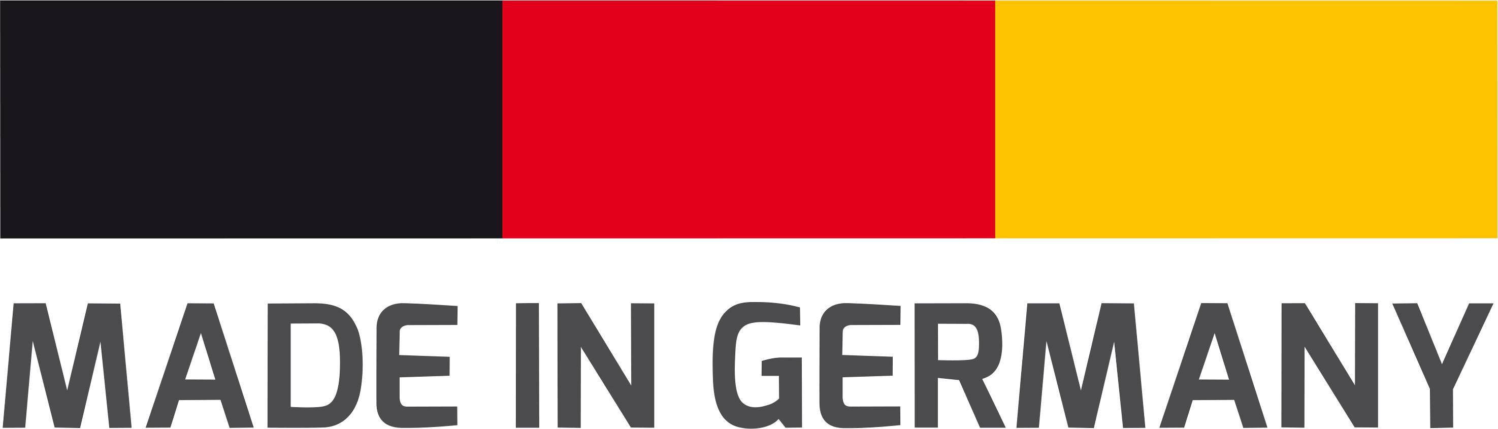 Das Bild zeigt die Aufschrift 'MADE IN GERMANY' unterhalb der deutschen Flagge in Schwarz, Rot und Gold.