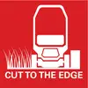 Ein Rasenmäher schneidet Gras, begleitet von dem Text 'CUT TO THE EDGE' darunter in weißen Buchstaben auf rotem Hintergrund.