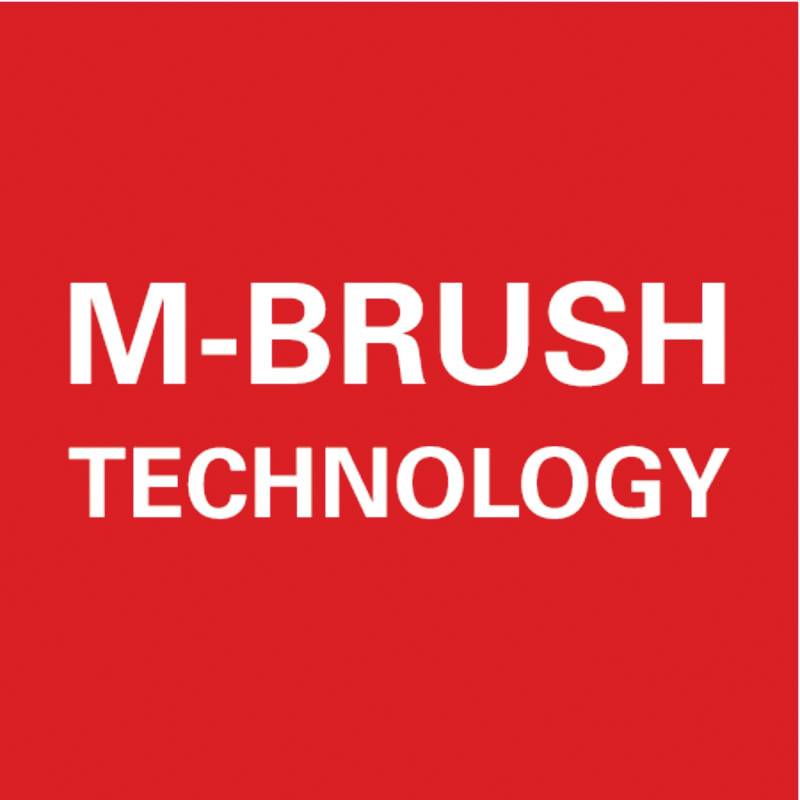 'Roter Hintergrund mit weißem Text: M-BRUSH TECHNOLOGY.'