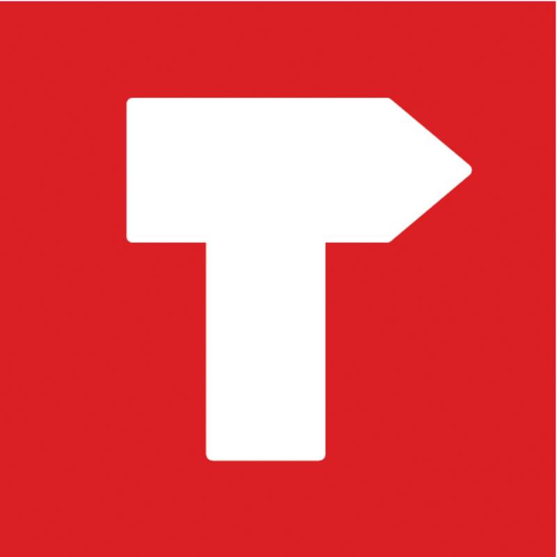 Weißes Pfeilsymbol auf rotem Hintergrund, zeigt eine scharfe Kurve nach rechts an.
