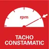 Ein rotes Tachometer mit einem Pfeil zeigt auf 'rpm'. Darunter steht 'TACHO CONSTAMATIC' in weißen Buchstaben.