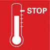 Ein rotes Thermometer zeigt Höchsttemperatur mit dem Wort 'STOP' daneben, warnt vor zu hohen Temperaturen oder Überhitzung.