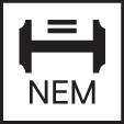 'NEM'-Logo mit stilisiertem, horizontalem Balken und zwei kurzen vertikalen Linien, die das immersive Konzept der Marke darstellen.