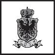 Wappen mit Adler und Krone auf schwarzem Hintergrund, stilisiert und weiß hervorgehoben. Symbolisiert Autorität oder Tradition.