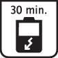 Symbol für schnelles Aufladen: Eine Batterie mit einem Blitzsymbol darunter und der Aufschrift '30 min.' oben.