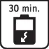 Symbol für schnelles Aufladen: Eine Batterie mit einem Blitzsymbol darunter und der Aufschrift '30 min.' oben.