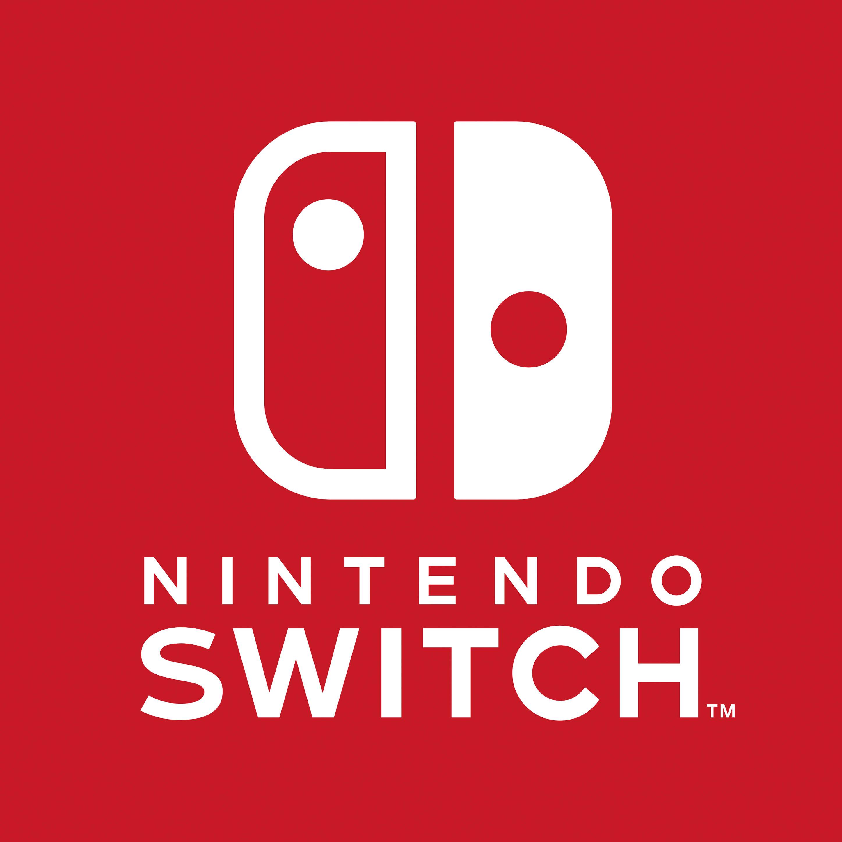 Nintendo Switch-Logo mit roten Hintergrund und weißen Symbolen, die die abnehmbaren Controller darstellen. Darunter der Schriftzug 'Nintendo Switch'.