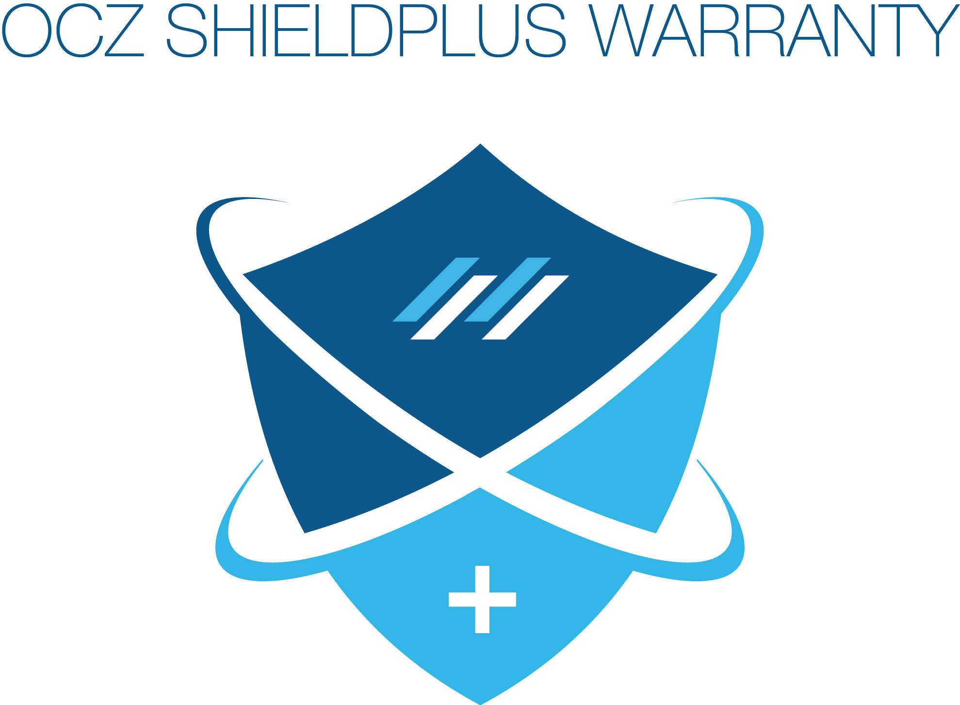 Logo des 'OCZ ShieldPlus Warranty' mit einem zentralen Schildsymbol, das durch diagonale Linien und ein Pluszeichen ergänzt wird.