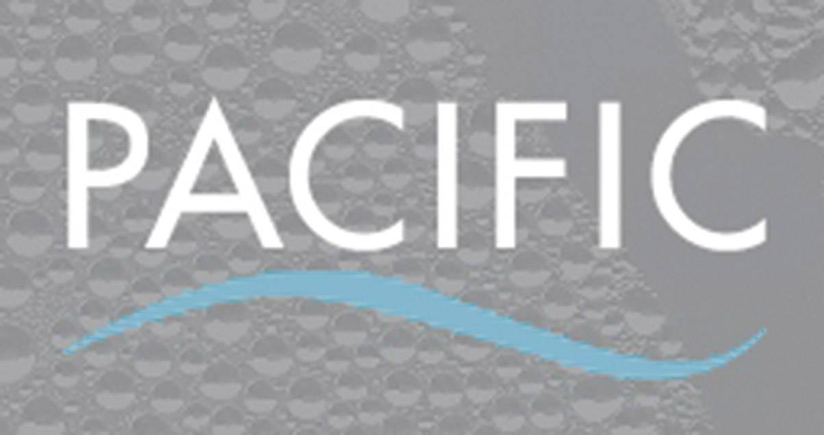 'PACIFIC' steht in weißen Großbuchstaben vor einem grauen Hintergrund mit Blasenmuster. Unter dem Wort verläuft eine blaue Welle.