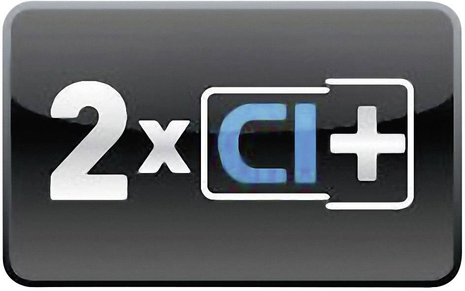 Symbol '2x CI+' auf schwarzem Hintergrund, das auf die Unterstützung für zwei Common Interface Plus Module hinweist.