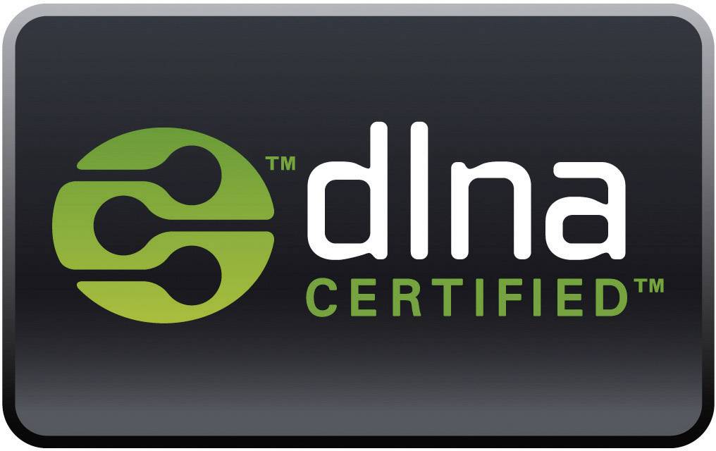 'DLNA Certified'-Logo in Grün und Weiß auf schwarzem Hintergrund, symbolisiert Gerätekompatibilität im Heimnetzwerk.