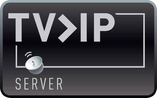 Logo mit der Aufschrift 'TVIP Server' und einem Satellitensymbol.