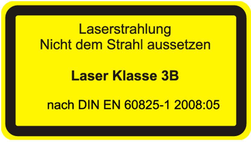 Gelbes Warnschild mit der Aufschrift: 'Laserstrahlung, Nicht dem Strahl aussetzen, Laser Klasse 3B, nach DIN EN 60825-1 2008:05'.