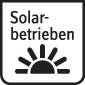 Symbol für 'Solarbetrieben' mit einem stilisierten Sonnensymbol darunter.