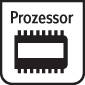 'Prozessor'-Symbol: Schwarz auf weißem Hintergrund, zeigt ein stilisiertes Computerchip-Design.