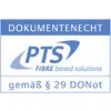'PTS FIBRE based solutions. DOKUMENTENECHT gemäß § 29 DONot.' Text auf blau-weißem Hintergrund, signalisiert Papierkonformität.