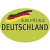 Ovales Logo mit schwarz-rot-goldenem Pinselstrich und Text 'Qualität aus Deutschland' vor grünem Hintergrund.