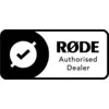'RØDE Authorised Dealer'-Logo mit einem Häkchen in einem Kreis auf schwarzem Hintergrund.