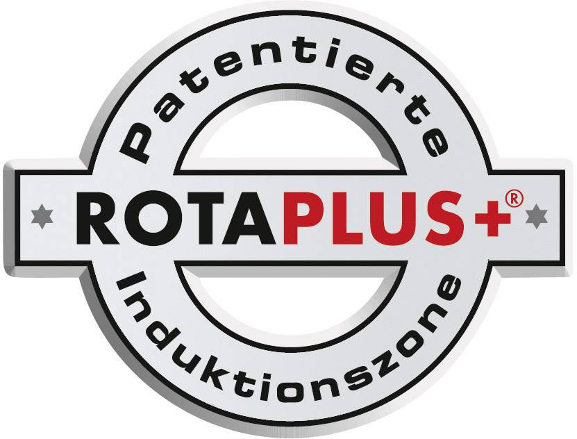 'Logo ROTA PLUS+ mit Text: Patentierte Induktionszone. Kreisförmiges Design mit silbernem und rotem Schriftzug.'