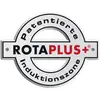 'Logo ROTA PLUS+ mit Text: Patentierte Induktionszone. Kreisförmiges Design mit silbernem und rotem Schriftzug.'